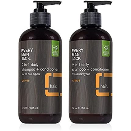 Every Man Jack 2 in 1 Daily Shampoo + Conditioner Twin Pack - Citrus | Naturally Derived, Parabens-free, Dye-free, Certified Cruelty Free, 50% PCR Bottles | 2 Pump Top Bottles